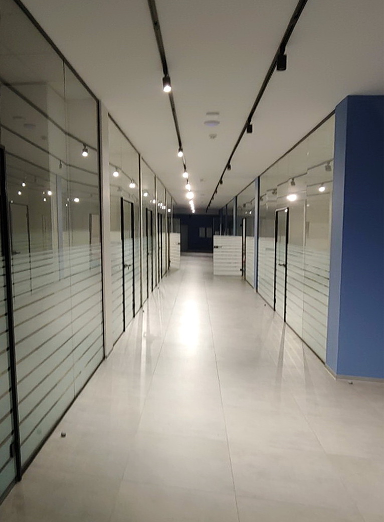 Glass partitions with door in frame