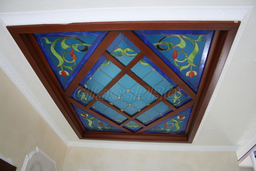 Tiffany stained glass, decorative suspended ceiling with illumination, private house - Kyiv