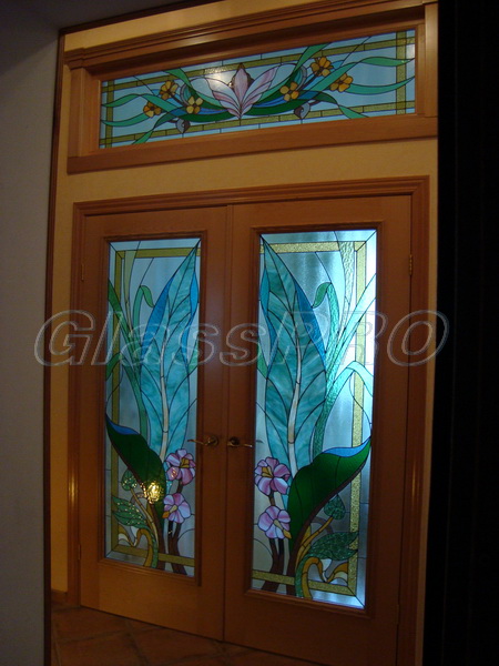 Tiffany stained glass, interior door with decorative transom, apartment