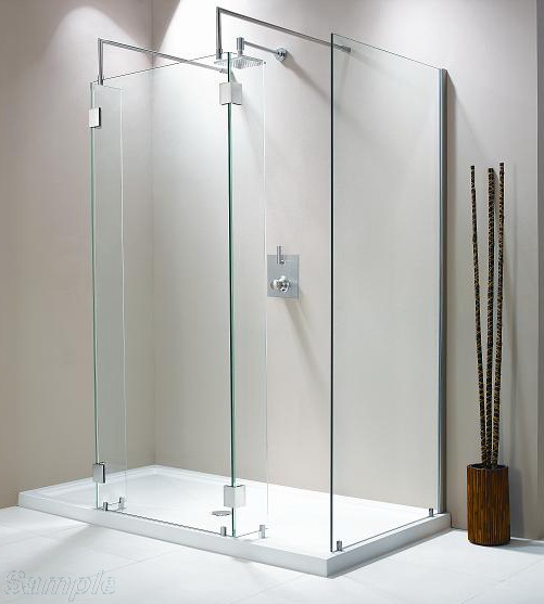 Longitudinal glass shower partition with two corner pieces and additional screen