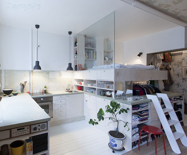 Glass partition in a studio apartment