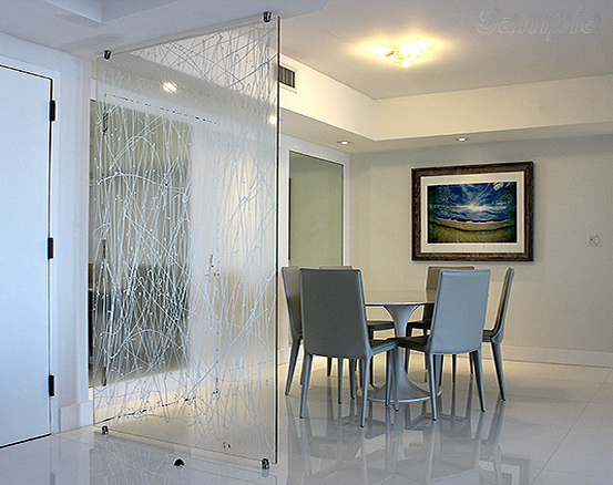 Elegant glass partition with picture in apartment