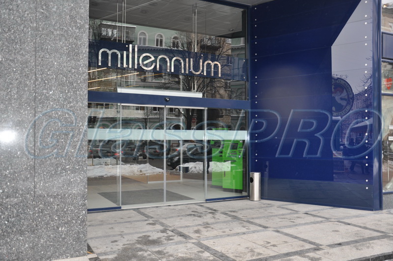 Glass panels (enamel) for facade cladding, point-fixed, "Millennium" business center - Kyiv