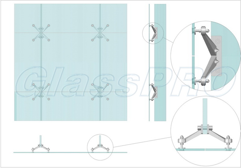 Схема спайдерного скління з кріпленням на скляні ребра жорсткості (розріз)