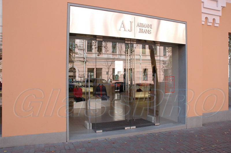 All-glass swing storefront, facade structure, «Armani Jeans» store - Kyiv