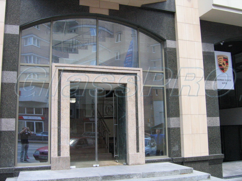 All-glass storefront with swing door, a façade structure, Porsche autosalon - Kyiv