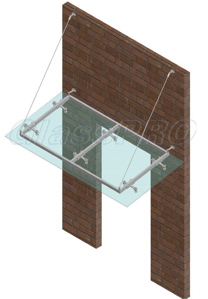 Glass canopy on rods: frame structure – glass below