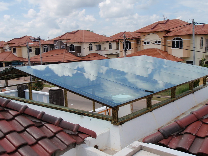 Glass overhang in private house yard