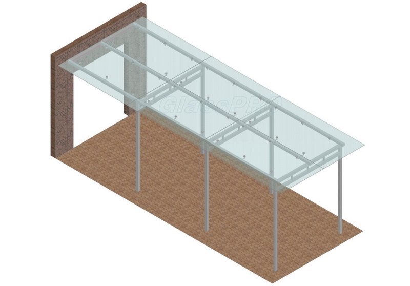 Layout of glass overhang structure, installation of glass onto point mounts