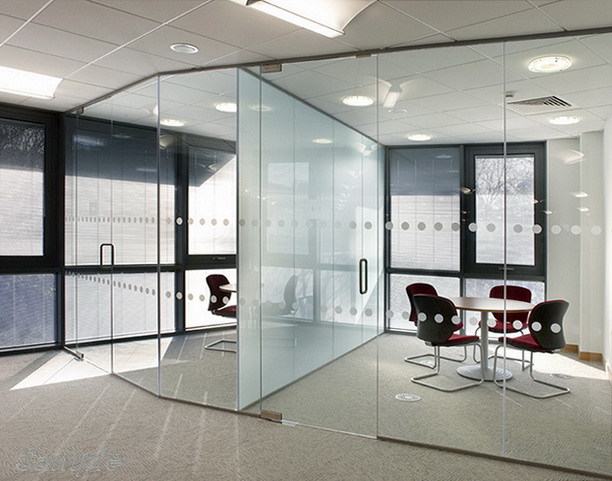 Glass office partitions with swing doors