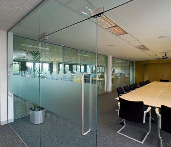 Glass office partitions with double leaf swing door