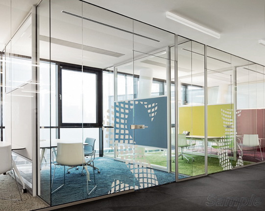 Glass office partitions with swing doors