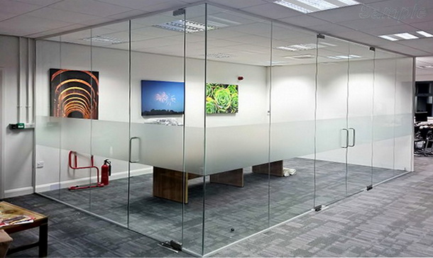 Glass office partitions with double leaf swing door