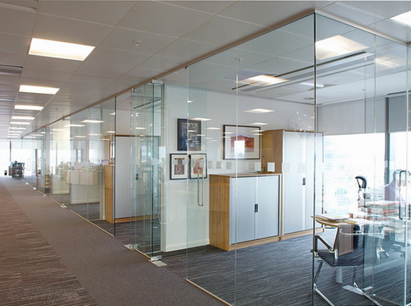 Glass office partitions with swing doors