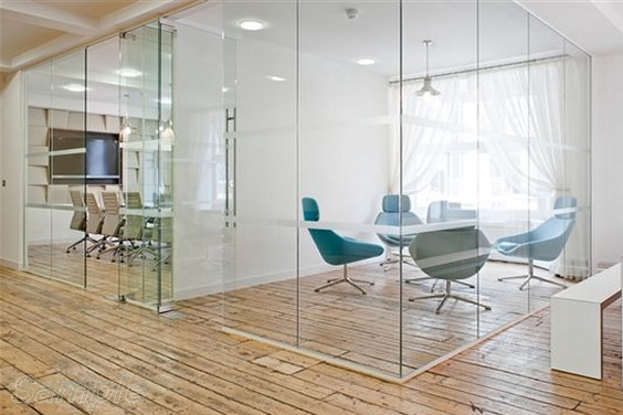 Glass office partitions with swing doors