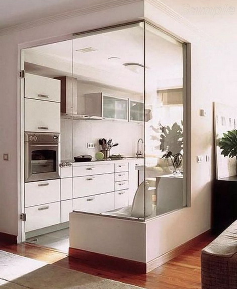 Glass partitions with a swing door separating the kitchen from the living room