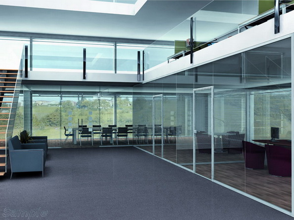 Glass office partitions with a swing door in an aluminum frame