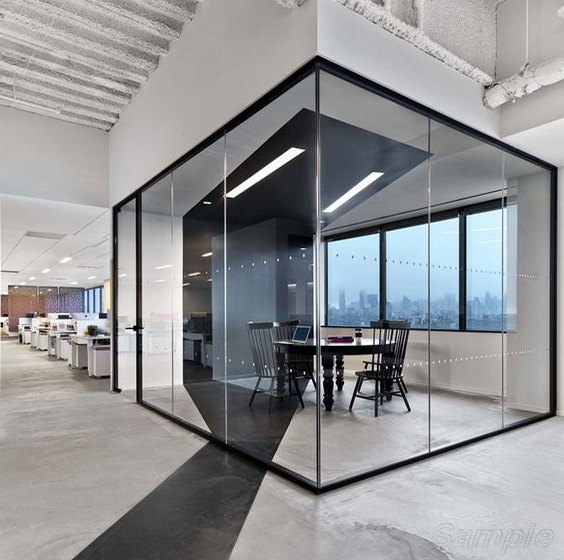 Glass office partitions with a swing door in an aluminum frame