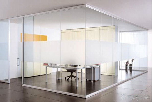 Glass partitions with a swing door in an aluminum