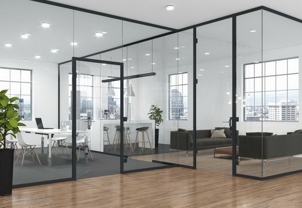 Glass partitions with a swing door in an aluminum