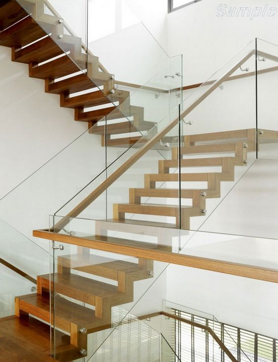 Model GS-03. Self-supporting glass stair railing, point-mounted glass railings