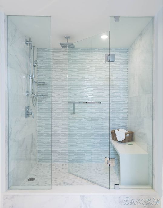 Model SD-04. Glass hinged shower door between two fixated elements