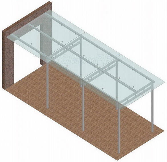 Стеклянный навес, в отличие от козырька, устанавливается на дополнительные опоры и не имеет ограничений по выносу от здания и ширине - <span style="color: #ffff00;">Увеличить изображение!</span>