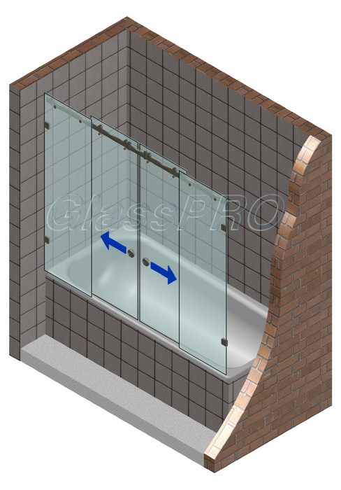 Раздвижная стеклянная шторка для ванны с двумя фиксированными элементами