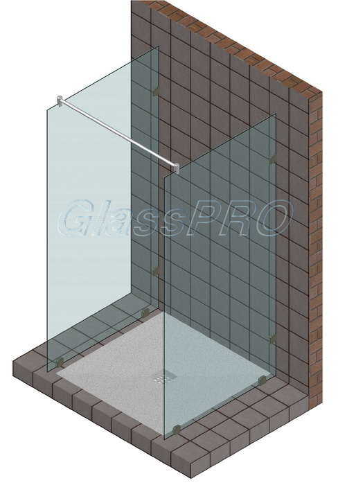 Душевое ограждение с двумя поперечными экранами и примыканием к стене